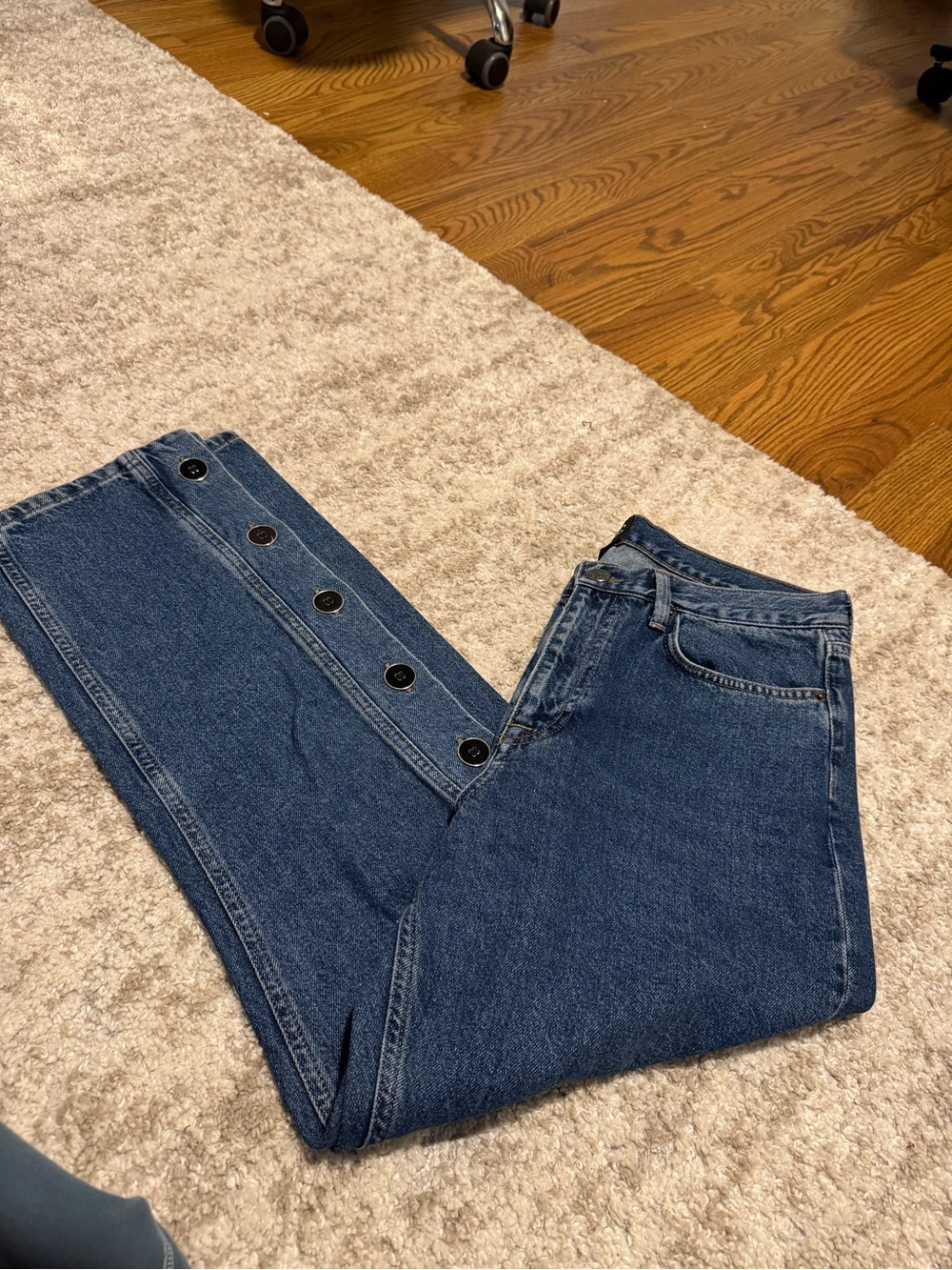High-Waist Button-Trim Ankle Length Dark Blue Jeans